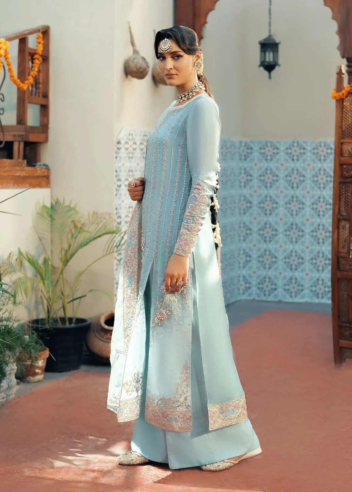 Jamnii Noor e Nazakat Sky Blue Raw Silk – view 3 – Poshaq