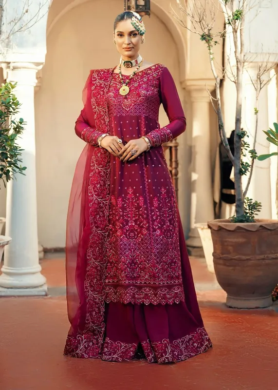 Jamnii Noor e Nazakat Maroon Raw Silk – view 1 – Poshaq