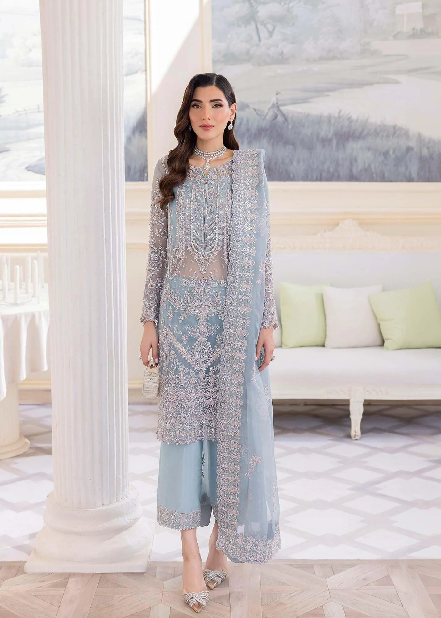 Kanwal Malik Silver Raw Silk – view 1 – Poshaq