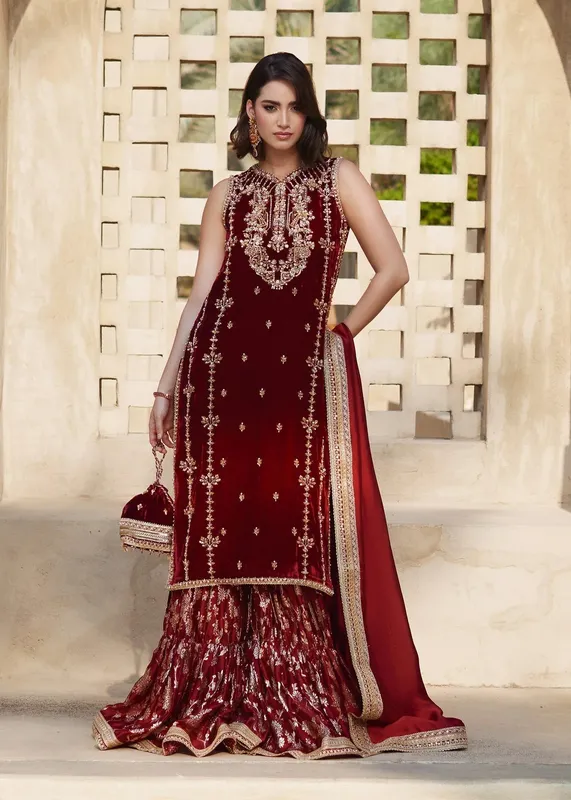 Kanwal Malik Laira Formals Maroon Velvet – view 1 – Poshaq