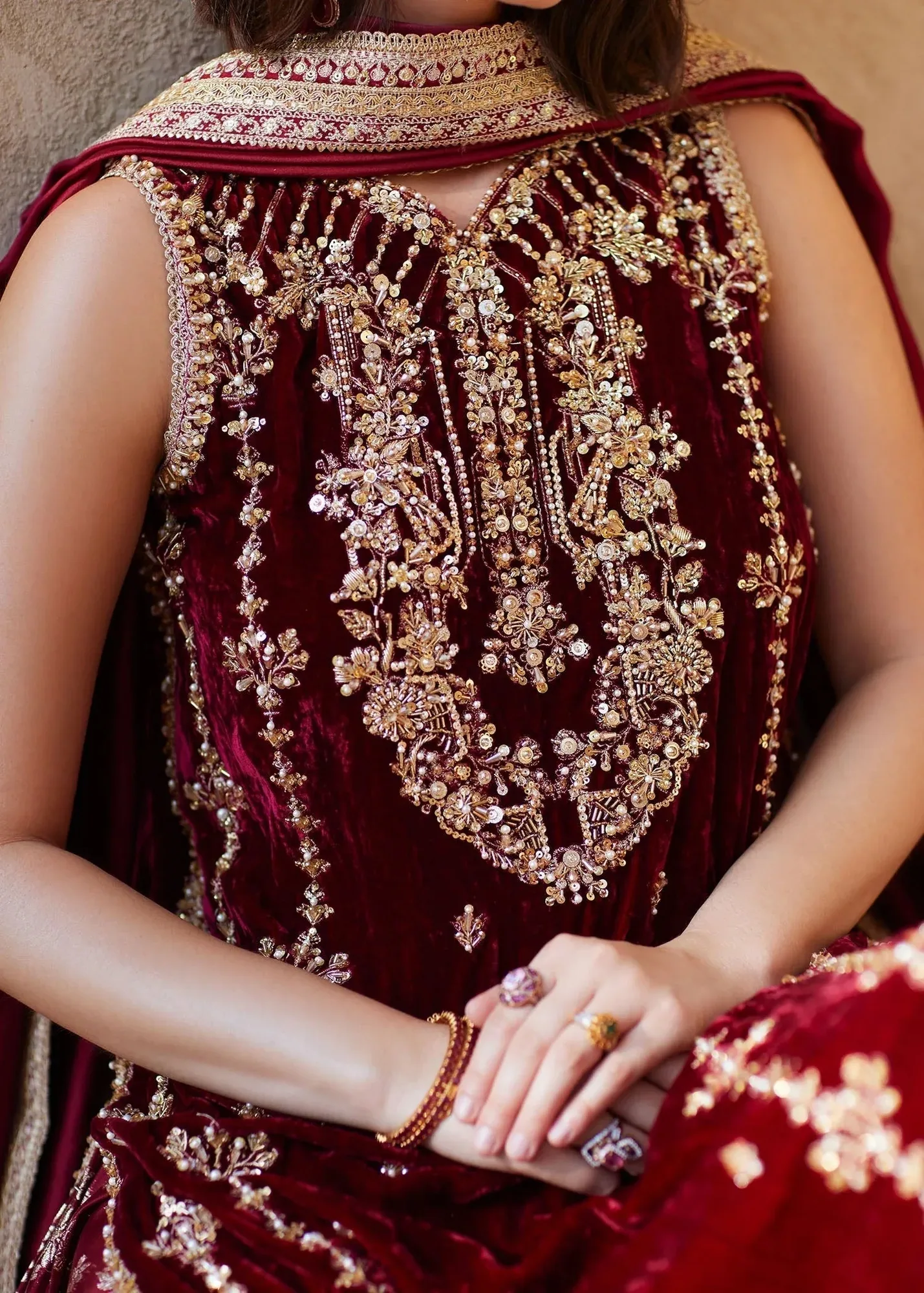 Kanwal Malik Laira Formals Maroon Velvet – view 3 – Poshaq