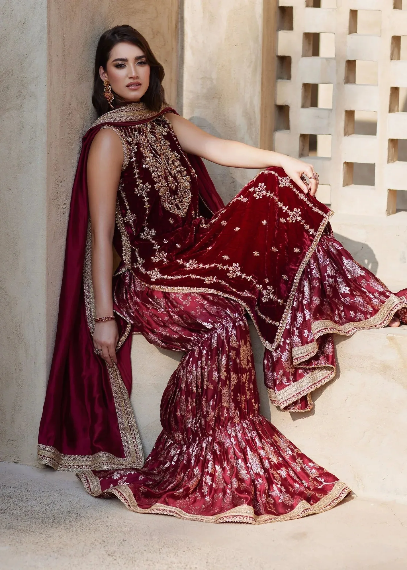 Kanwal Malik Laira Formals Maroon Velvet – view 4 – Poshaq