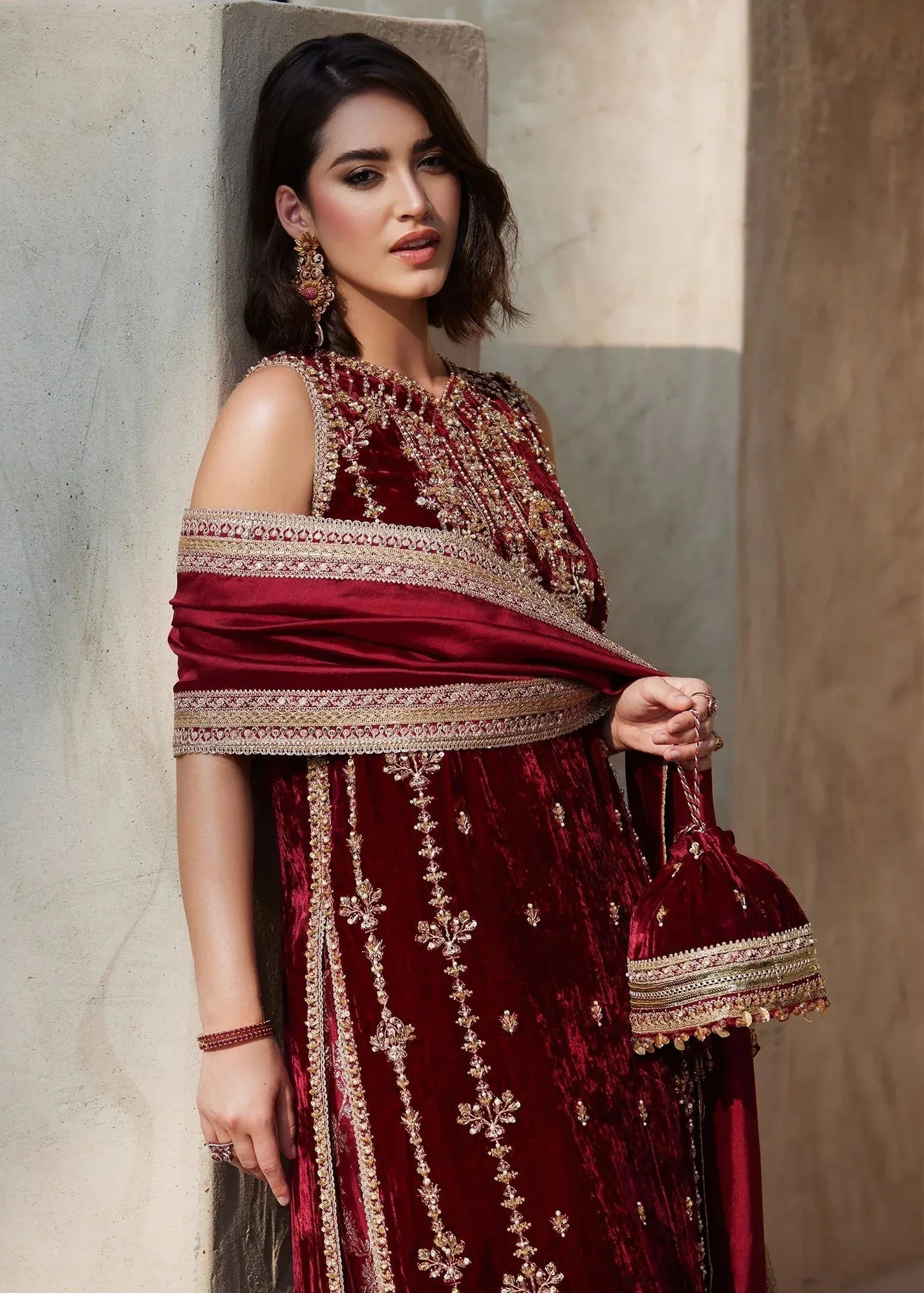 Kanwal Malik Laira Formals Maroon Velvet – view 5 – Poshaq
