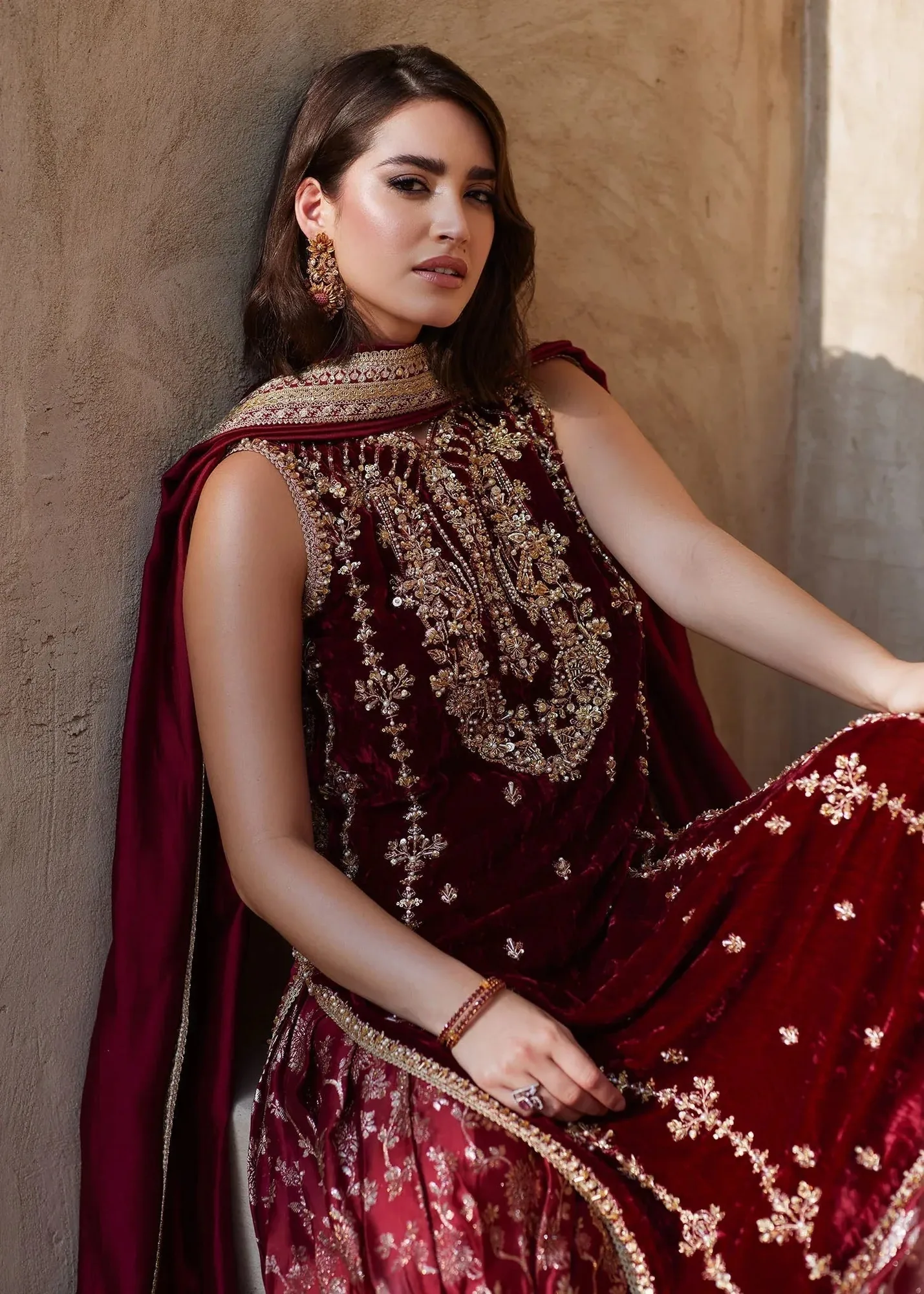Kanwal Malik Laira Formals Maroon Velvet – view 6 – Poshaq