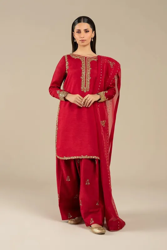 Maria B Basics RTW Red Raw Silk – view 1 – Poshaq