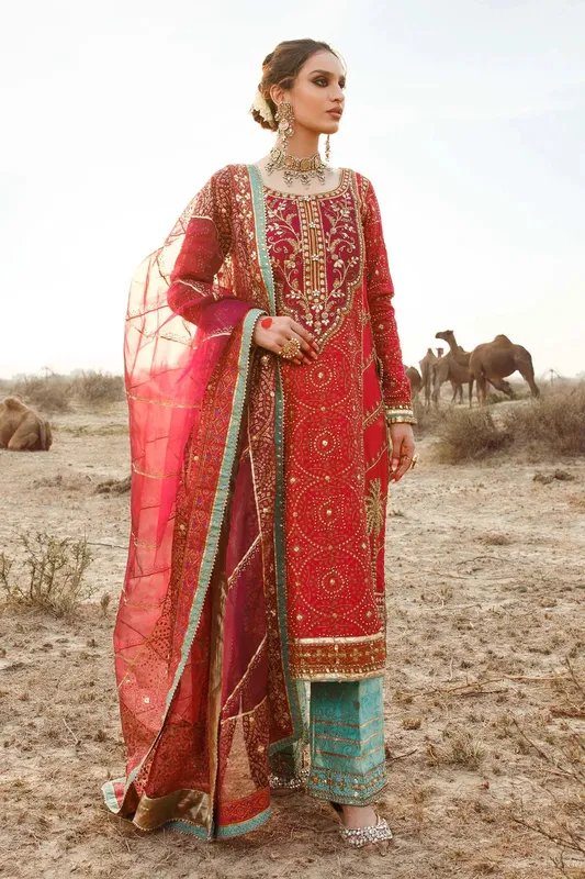 Turquoise silk shirt, trouser and dupatta set with organza detail – view 1 – Poshaq