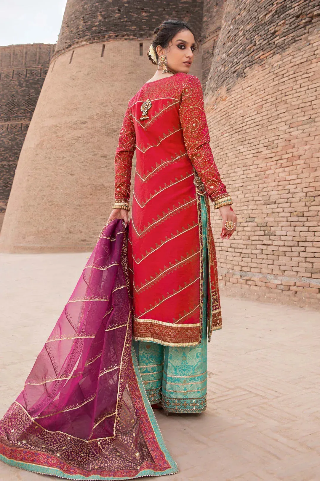 Turquoise silk shirt, trouser and dupatta set with organza detail – view 2 – Poshaq
