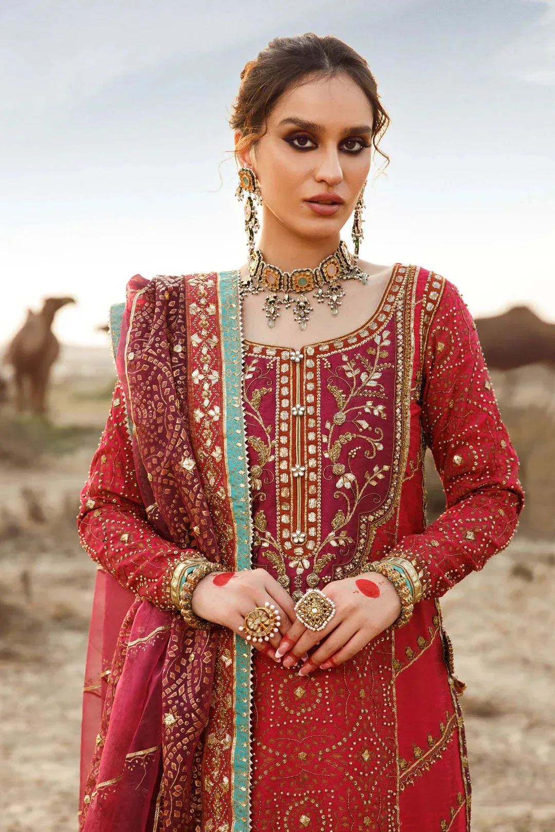 Turquoise silk shirt, trouser and dupatta set with organza detail – view 3 – Poshaq