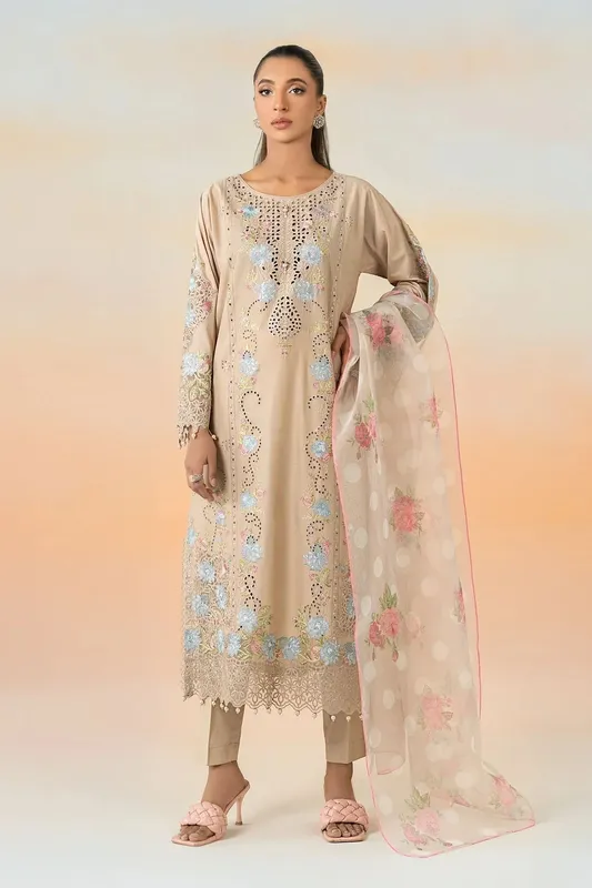 Maria B Casual Pret 25 Beige Organza – view 1 – Poshaq
