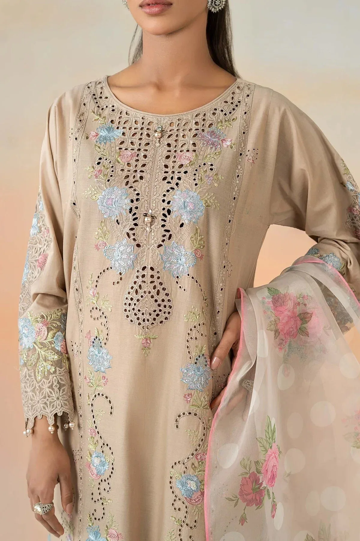 Maria B Casual Pret 25 Beige Organza – view 3 – Poshaq