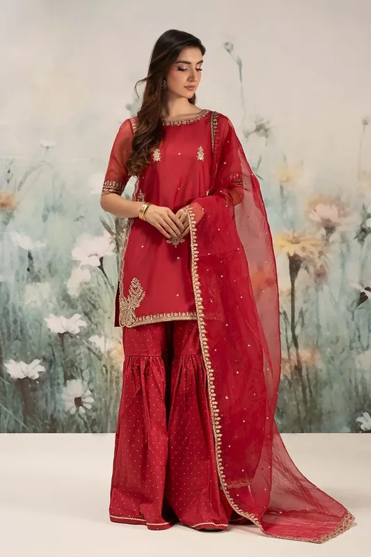 Maria B Casual Pret 25 Red Organza – view 1 – Poshaq