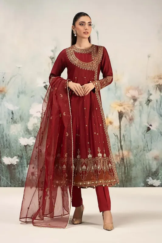 Maria B Casual Pret 25 Maroon Organza – view 1 – Poshaq