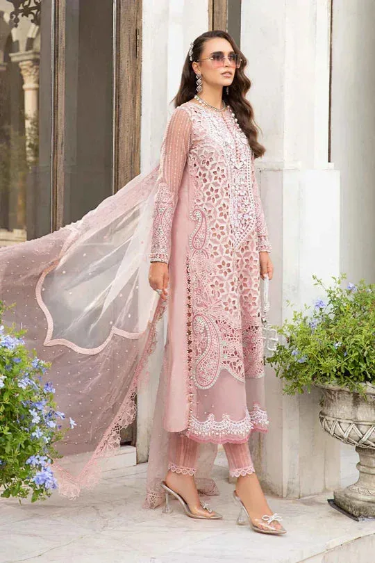 Pink three‑piece lawn suit with embroidered organza shirt and dupatta – view 1 – Poshaq