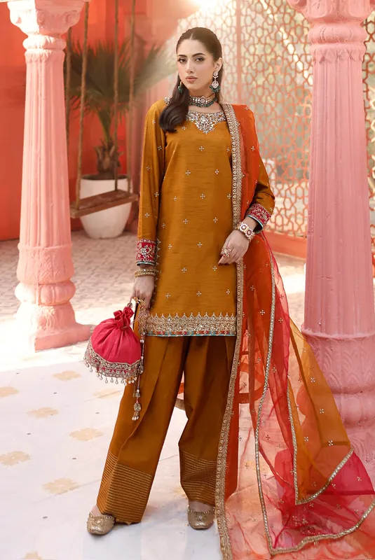 Maria B Formal Wears Mustard Raw Silk – view 1 – Poshaq