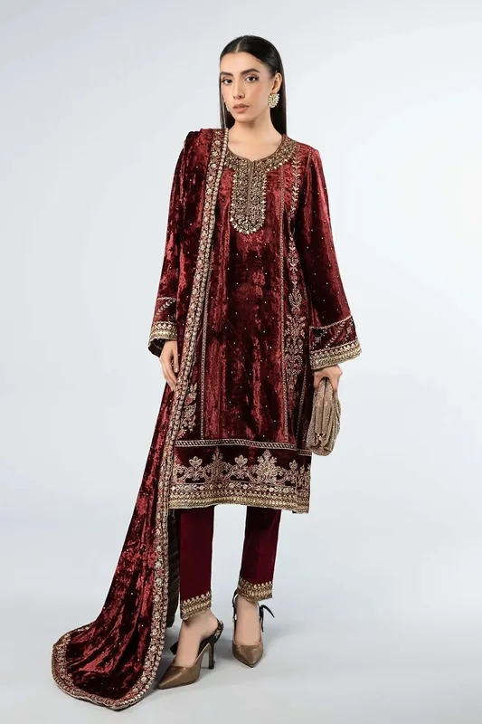 Maria B Formal Wears Maroon Velvet – view 1 – Poshaq