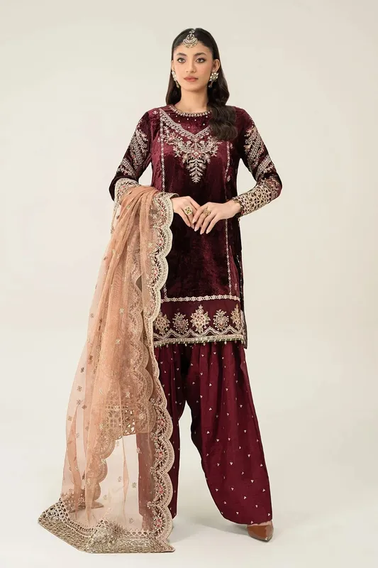 Maria B Formal Wears Maroon Raw Silk – view 1 – Poshaq