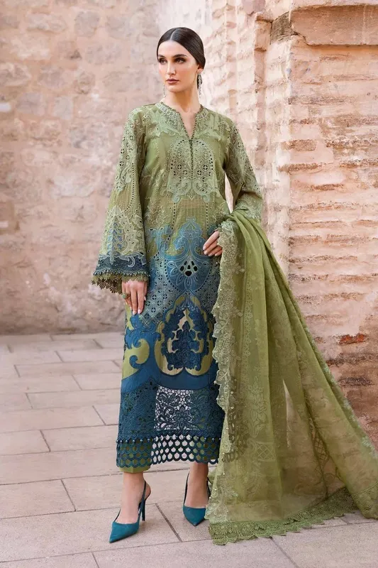 Maria B Luxury Lawn 25 Olive Organza – view 1 – Poshaq