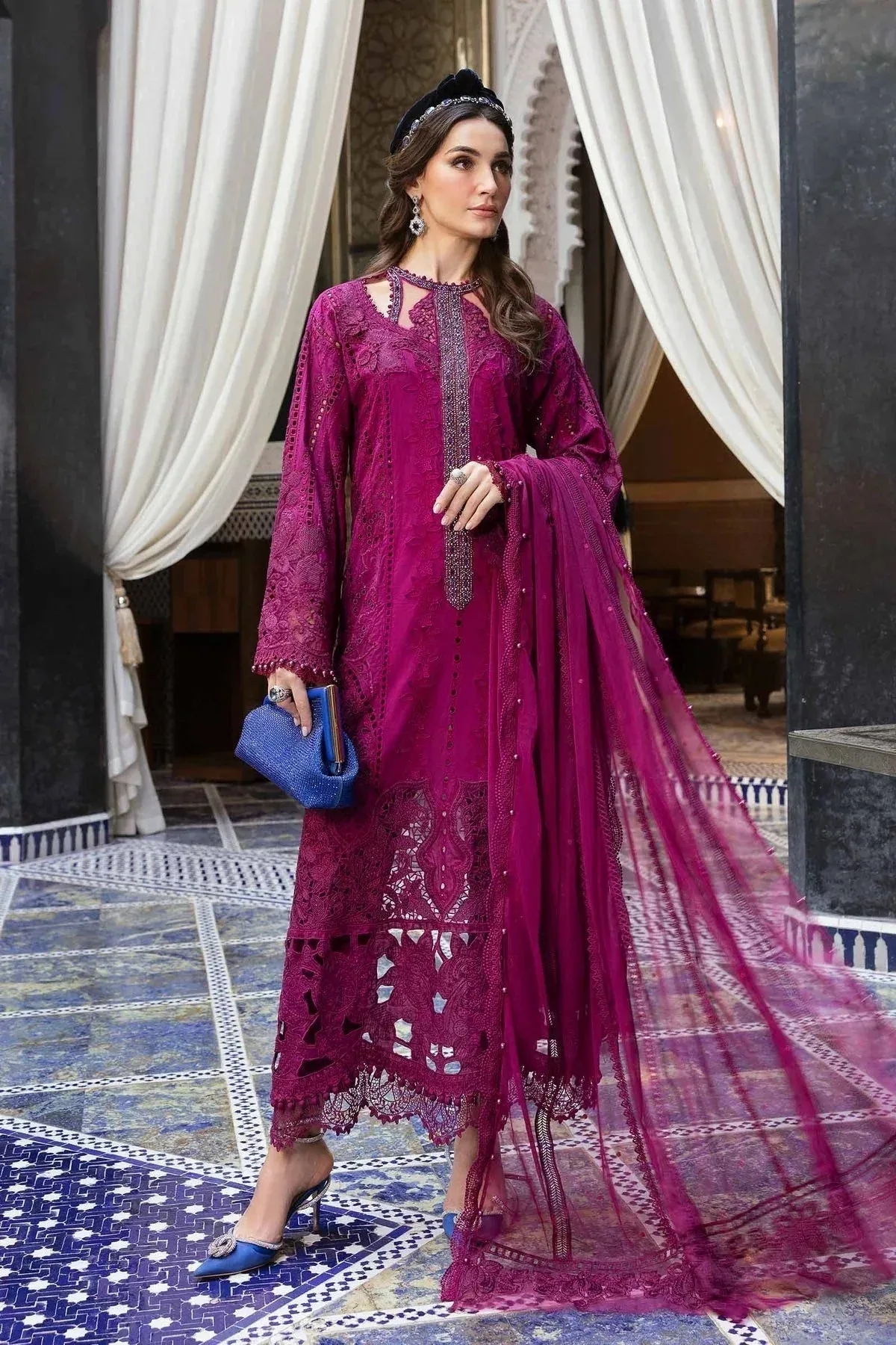 Maria B Luxury Lawn 25 Magenta Organza – view 1 – Poshaq