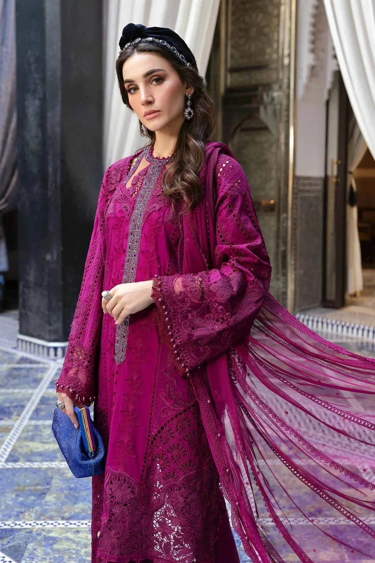 Maria B Luxury Lawn 25 Magenta Organza – view 2 – Poshaq