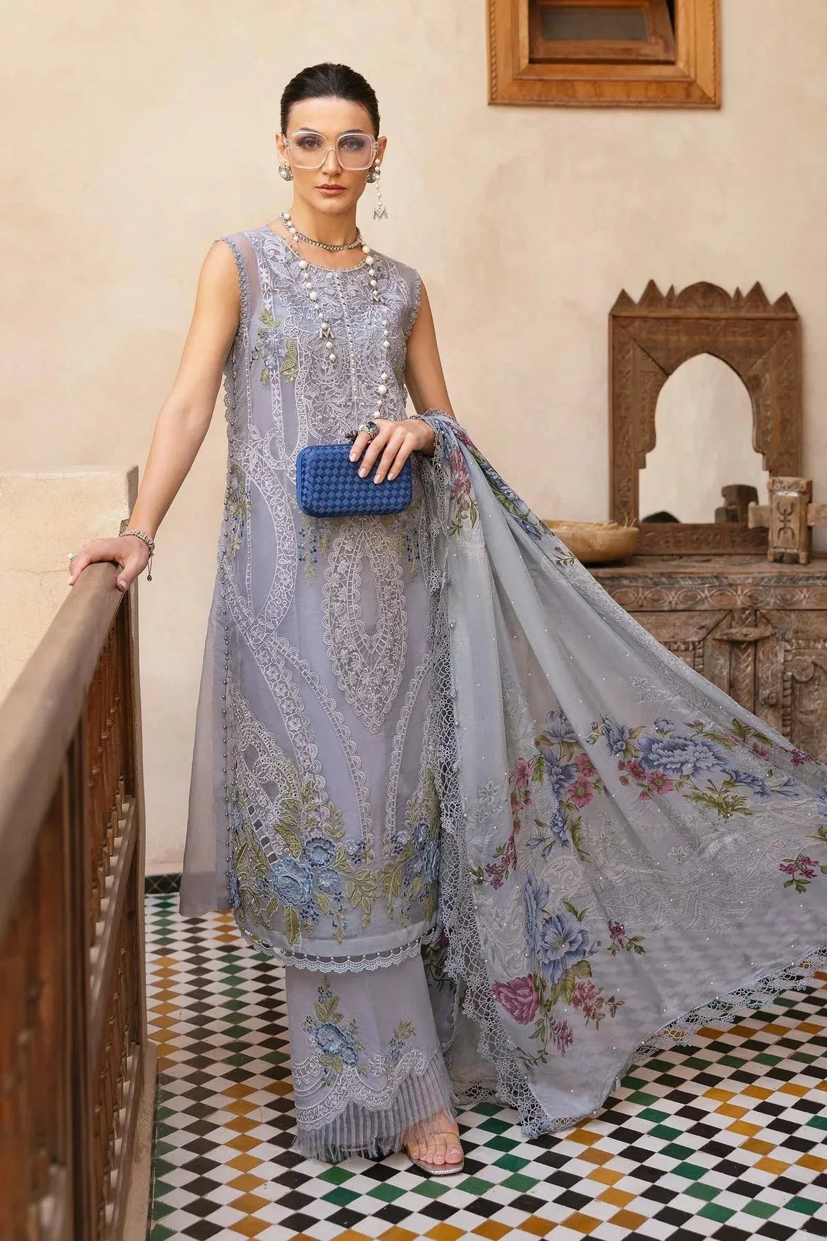 Maria B Luxury Lawn 25 Blue Organza – view 1 – Poshaq