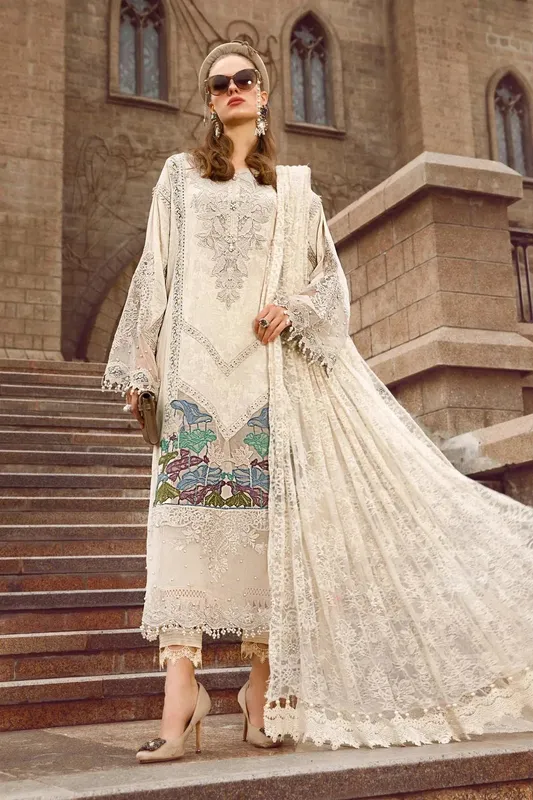 Maria B Luxury Lawn Ivory Organza – view 1 – Poshaq