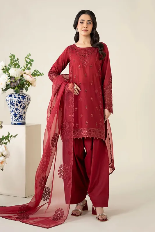 Maria B Luxury Pret 25 Maroon Organza – view 1 – Poshaq