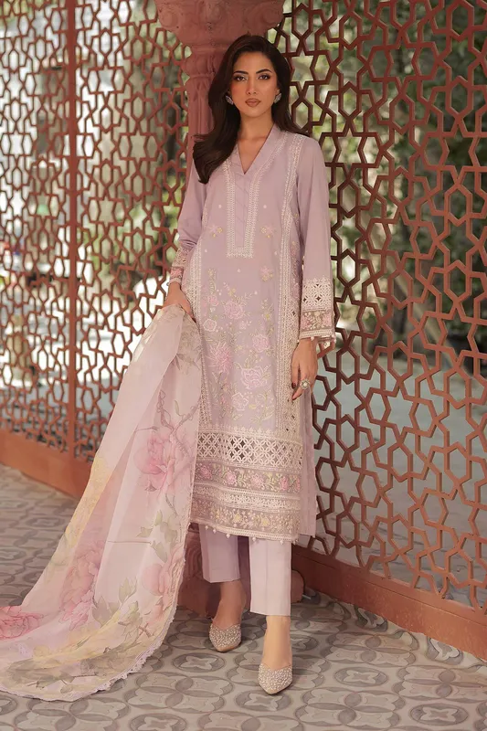 Lilac embroidered three‑piece suit with organza shirt, trousers and dupatta – view 1 – Poshaq