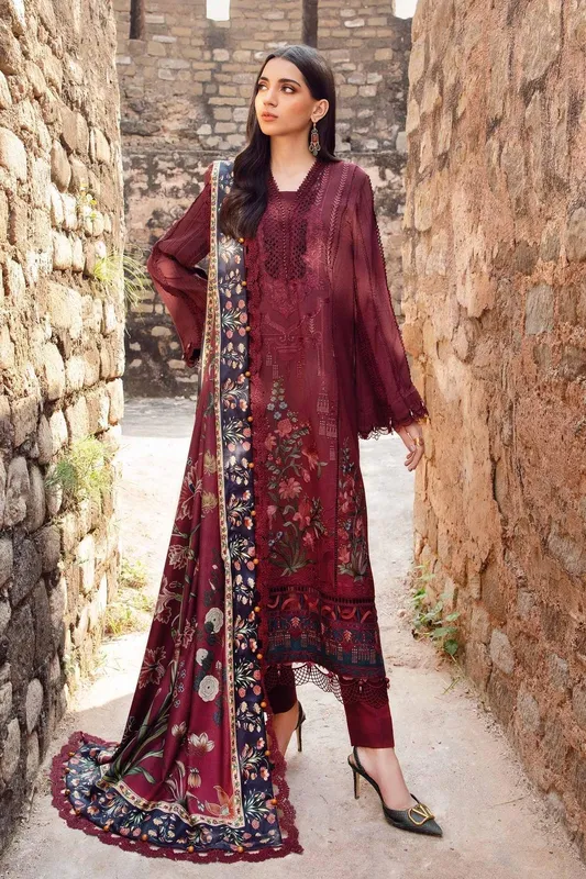 Maria B M Prints Winter 24 Maroon Linen – view 1 – Poshaq