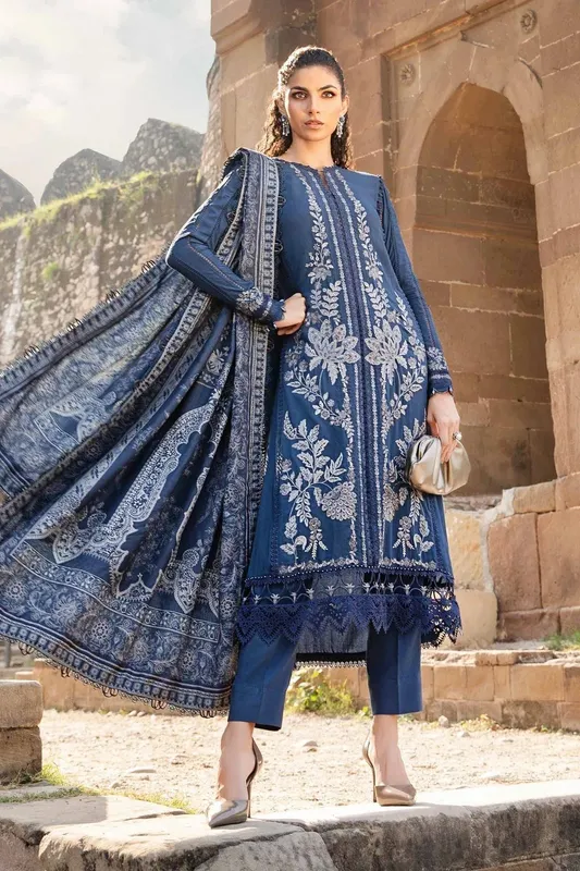 Maria B M Prints Winter 24 Blue Linen – view 1 – Poshaq