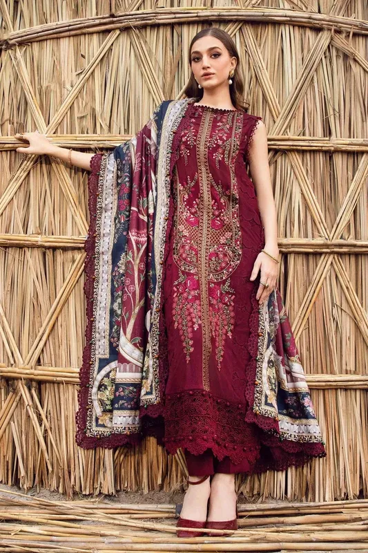Maria B M Prints Winter 24 Maroon Linen – view 1 – Poshaq