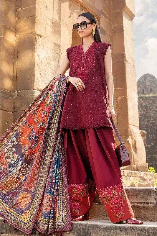 Maria B M Prints Winter 24 Maroon Linen – view 1 – Poshaq