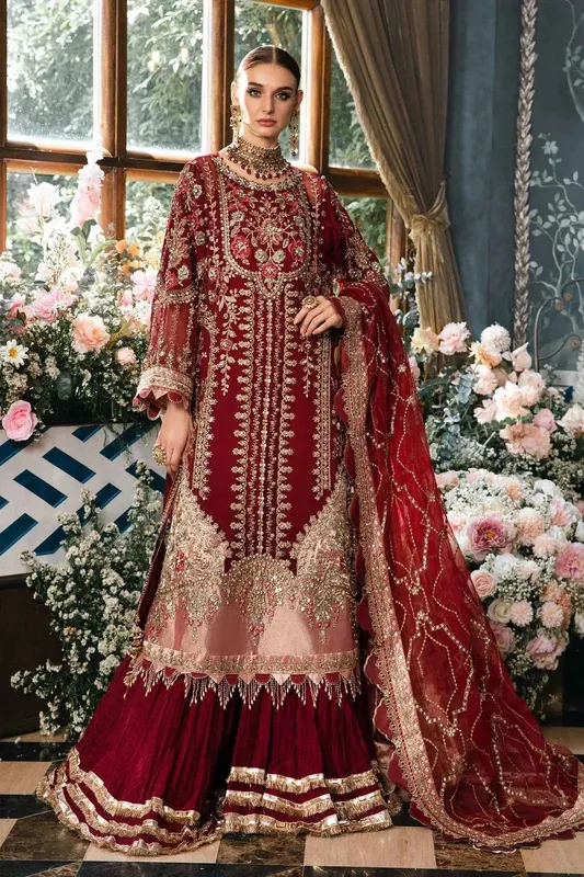 Maria B Mbroidered Fabrics 2024 Maroon Raw Silk – view 1 – Poshaq