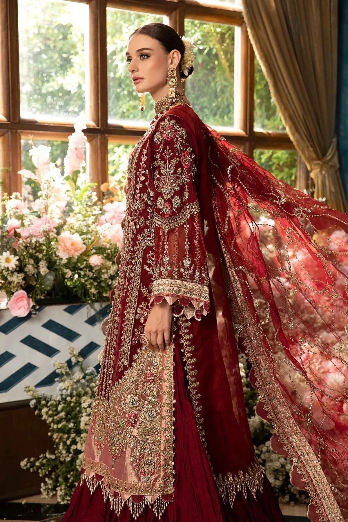Maria B Mbroidered Fabrics 2024 Maroon Raw Silk – view 2 – Poshaq
