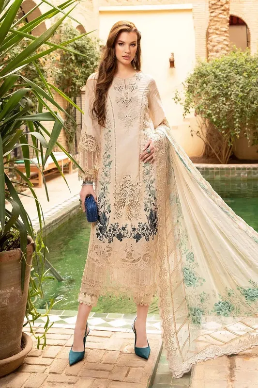 Maria B Voyage a' Luxe Lawn Beige Chiffon – view 1 – Poshaq
