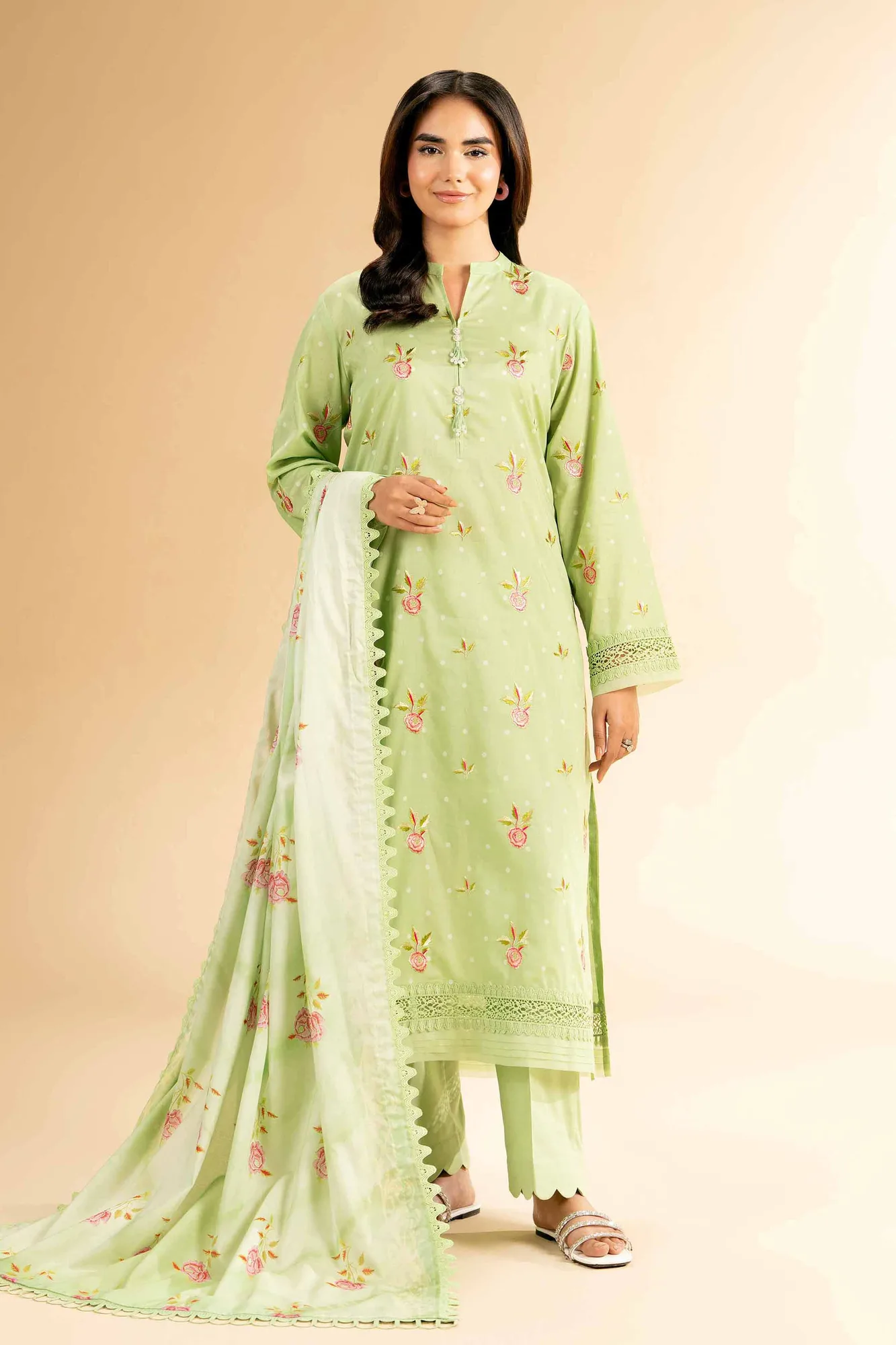 green cambric lawn long shirt with matching lawn trousers – view 1 – Poshaq