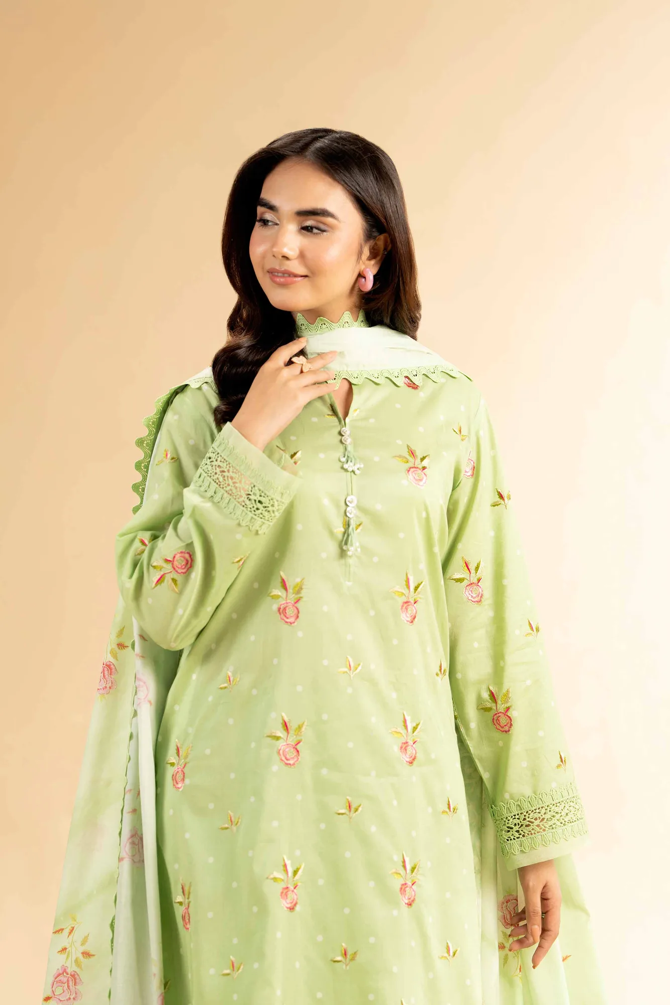green cambric lawn long shirt with matching lawn trousers – view 3 – Poshaq