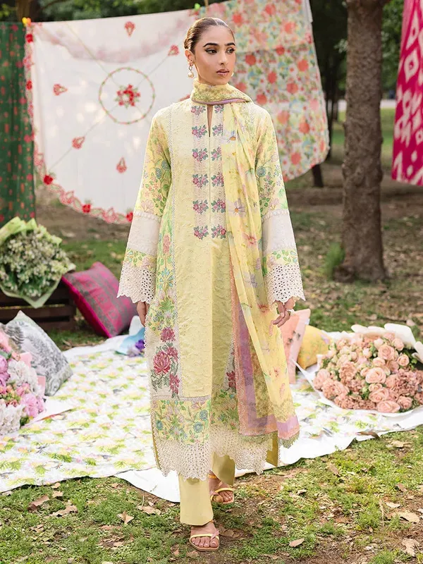 Rajbari Schiffli Printkari Exclusive Pastel Yellow Chiffon – view 1 – Poshaq
