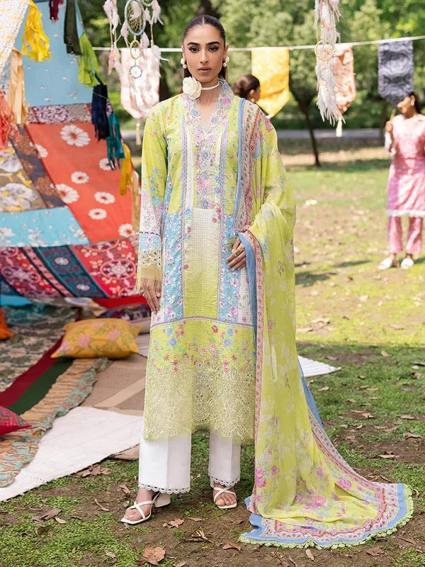 Rajbari Schiffli Printkari Exclusive Neon Green Chiffon – view 1 – Poshaq