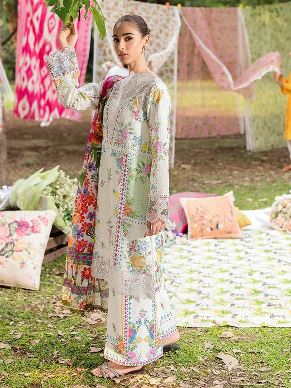 Rajbari Schiffli Printkari Exclusive Off White Cotton – view 1 – Poshaq