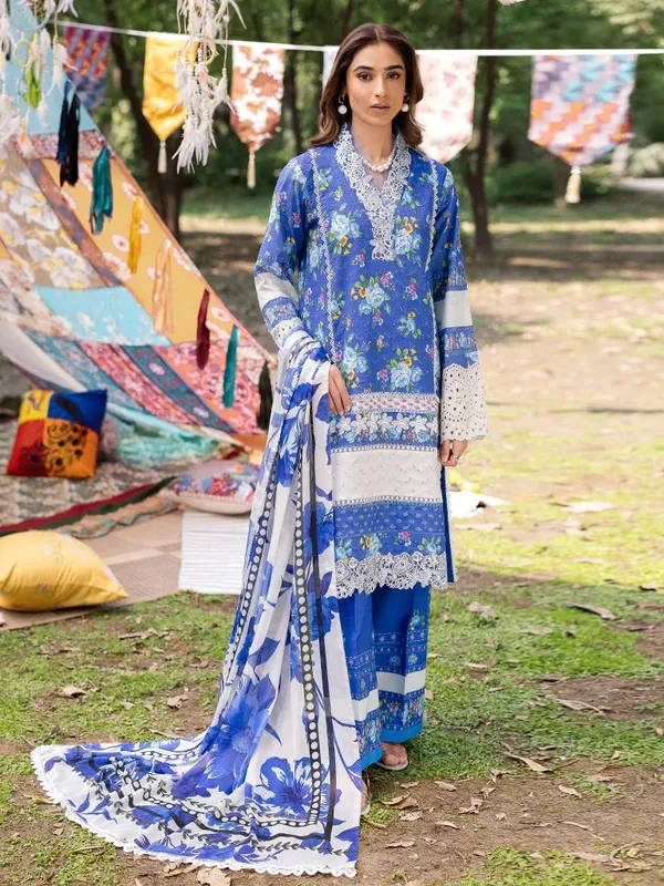 Rajbari Schiffli Printkari Exclusive Peacock Blue Cotton – view 1 – Poshaq