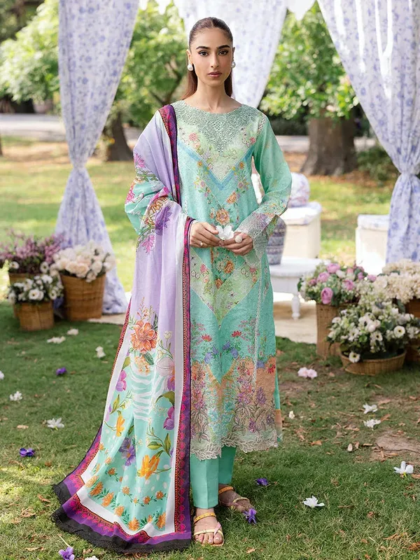 Rajbari Schiffli Printkari Exclusive Ferozi Organza – view 1 – Poshaq