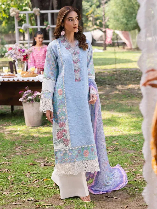 Rajbari Schiffli Printkari Exclusive Light Blue Chiffon – view 1 – Poshaq