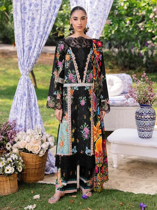 Rajbari Schiffli Printkari Exclusive Black Cotton – view 1 – Poshaq