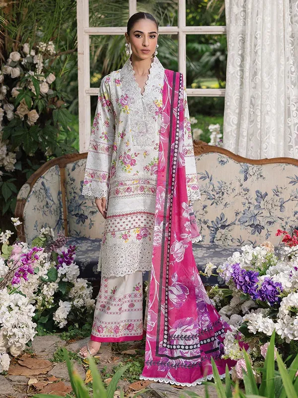 Rajbari Schiffli Printkari Exclusive Pastel Gray Cotton – view 1 – Poshaq