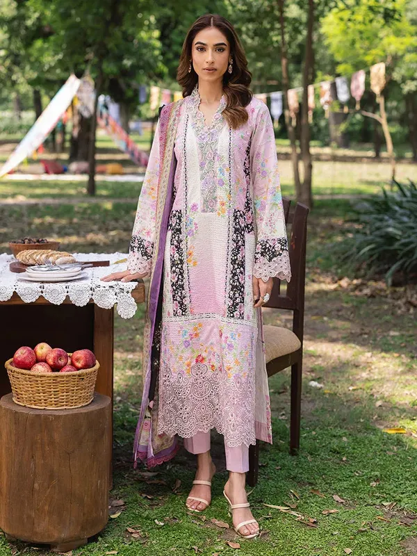 Rajbari Schiffli Printkari Exclusive Light Pink Chiffon – view 1 – Poshaq