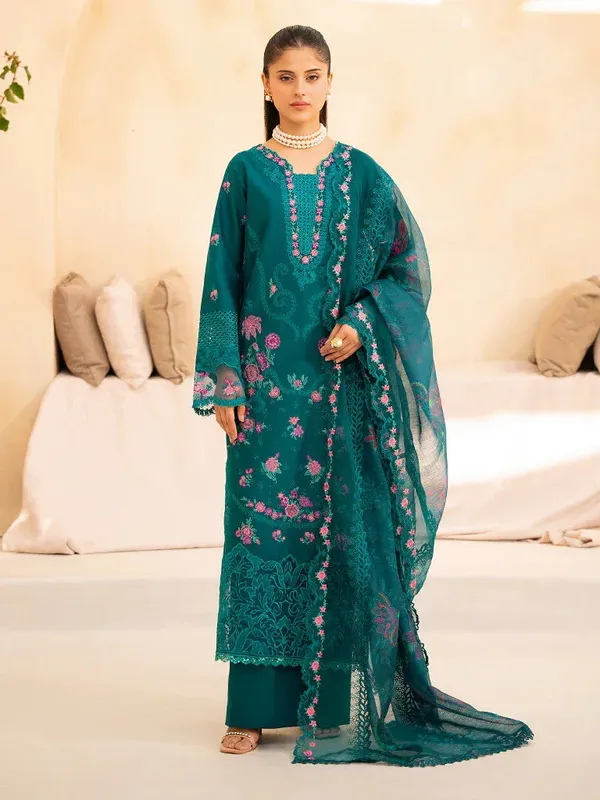Rajbari Jahaan Premium Festive Lawn Teal Green Organza – view 1 – Poshaq