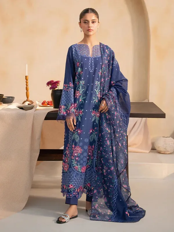 Rajbari Jahaan Premium Festive Lawn Blue Organza – view 1 – Poshaq