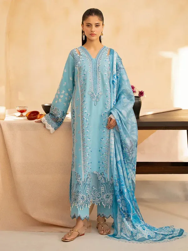 Rajbari Jahaan Premium Festive Lawn Light Blue Gray Cotton – view 1 – Poshaq