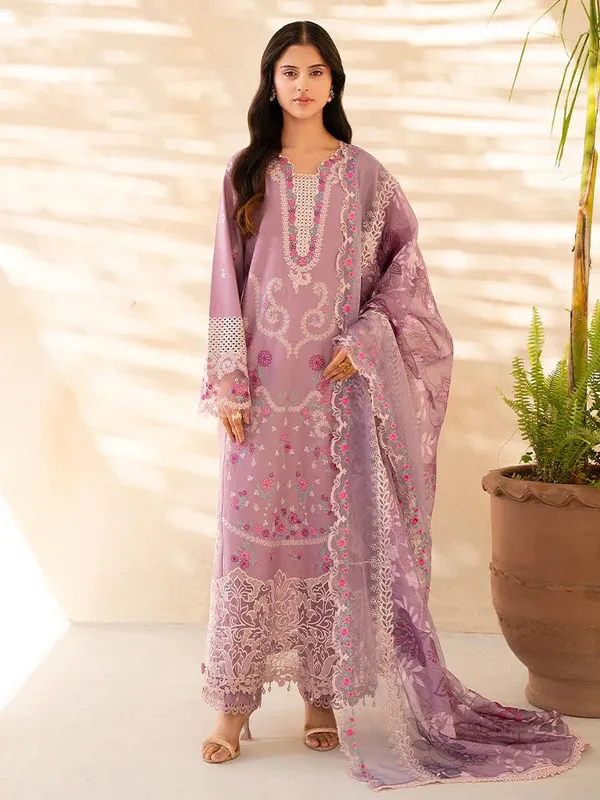 Rajbari Jahaan Premium Festive Lawn Lilac Organza – view 1 – Poshaq
