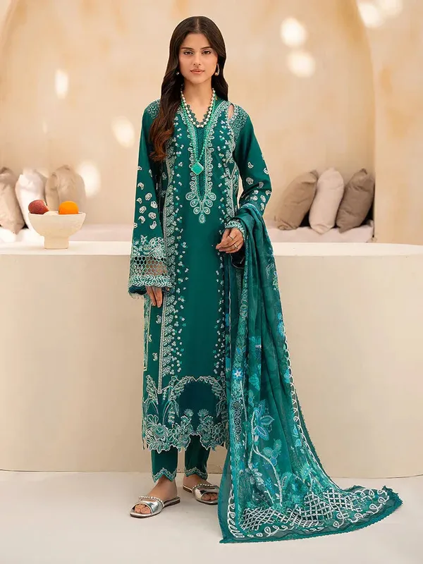 Rajbari Jahaan Premium Festive Lawn Teal Green Cotton – view 1 – Poshaq